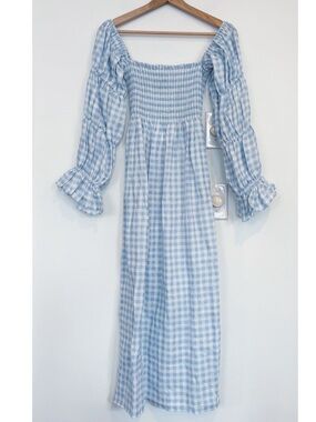 Sleeper || Linen Gingham Smocked Midi Dress Baby Shower Gender Reveal Medium NWT